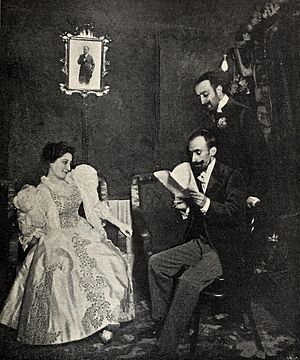 Archivo:Jacinto Benavente leyendo "Gente conocida" a la señorita Cobeña y al señor Thuillier, de Franzen, Blanco y Negro, 31-10-1896