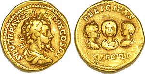 Archivo:Aureus à l'effigie de Septime Sévère, Julia Domna, Caracalla et Géta