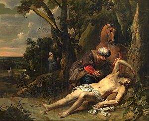 El buen samaritano (1647), óleo sobre lienzo de Balthasar van Cortbemde (1612-1663), muestra al samaritano atendiendo al hombre herido mientras que el levita y el sacerdote se alejan a la distancia.