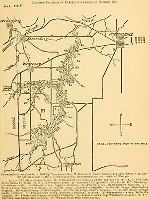 "Map No. 1" "Showing Position of Forces in morning of October 22d" from- The Battle of Westport, (IA battleofwestport00jenk) (page 67 crop).jpg