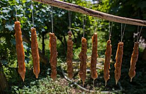 Archivo:Churchkhela - grape and nut dried on string in sun