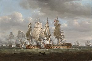 Nicholas Pocock - In action at Trafalgar, H.M.S. Tonnant accepting Monarca's surrender.jpg
