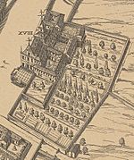 036. Convento de Santa Bárbara from Reproduction of Pedro Teixeira's Topographia de la Villa de Madrid (1656), 1881 04 (cropped).jpg