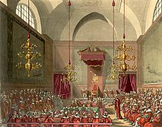 View of the House of Lords from the inside. Their lordships are sitting on three sides of a square, with the Speaker of the House, and the royal throne making up the fourth side.