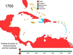 Mapa que refleja la evolución política del Caribe y las Antillas desde 1700, muestra los cambios en la posesión de las islas que inicialmente fueron españolas.