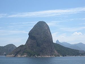 Archivo:Sugarloaf Mountain as seen from the up river, Christo Redentor seen in background