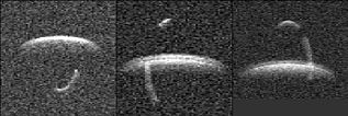 Tres imágenes de (66391) 1994 KW4 y su luna orbitándolo