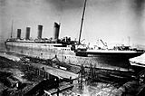 El Titanic en el dique seco Thompson durante los trabajos finales de acondicionamiento, entre febrero y marzo de 1912.