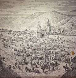 Archivo:Construcción de San Francisco. Panel del Museo de la Ciudad, Quito