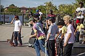 Skaters wait to skate at the Far Rockaway Skatepark - September - 2019