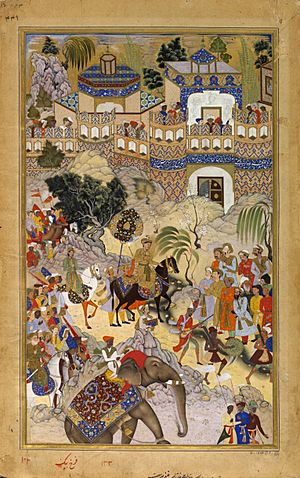 Archivo:Farrukh Beg. Akbar's Triumphal Entry into Surat. Akbarnama, 1590-95, Victoria and Albert Museum, London