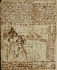 Archivo:Sketch by Emily Brontë sgowing herself and Anne at work in the dining room of the parsonage.