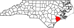 Mapa de Carolina del Norte con la ubicación del condado de Onslow