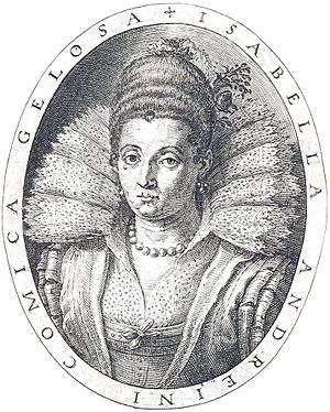 Rime d'Isabella Andreini 1603, frontispiece, engraved portrait - Gallica 2014 (adjusted).jpg