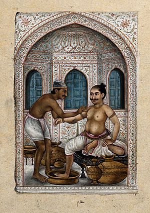 Archivo:A ghulum, or bath attendant, attending to a custormer Wellcome V0045683