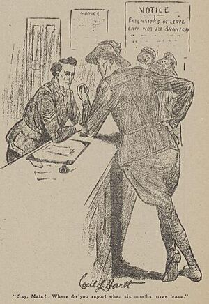 Archivo:Cartoon by Cecil Lawrence Hartt about an Australian soldier reporting back after six months AWL
