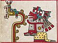 Quetzalcóatl como la serpiente emplumada y el dios del viento Ehécatl, en el folio 19