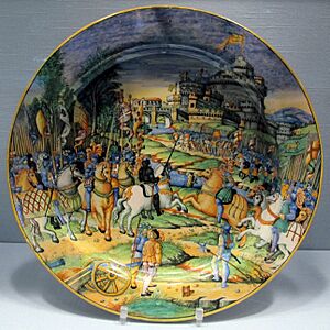 Archivo:Urbino, bottega di guido durantino, grande piatto con sacco di roma del 1527, 1540 ca.