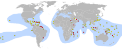 Área de distribución de la especie y lugares de puesta. Rojo: Principales. Amarillo: Otros.