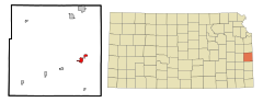 Linn County Kansas Incorporated and Unincorporated areas Pleasanton Highlighted.svg