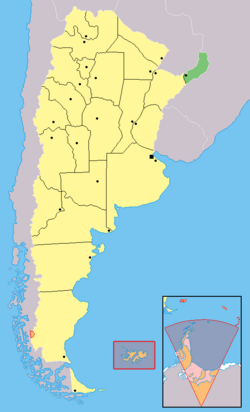 Mapa de la Argentina, donde se destaca la provincia de Misiones, de donde es originaria esta especie.