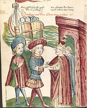 Archivo:Otto IV. und Papst Innocenz III. reichen sich vor den ankommenden Schiffen Friedrichs II. die Hände