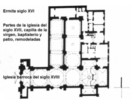 Plano del conjunto, donde se aprecian las ampliaciones y modificaciones del templo durante los siglos XVI y XVII