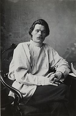 Portrait of Maxim Gorky sitting in an armchair wearing a light shirt. (14728267252) (cropped).jpg