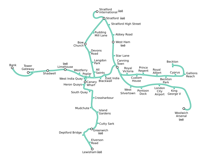 Mapa geográfico del Docklands Light Railway.