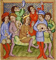 Archivo:King David and musicians from Olomouc Bible, folio 276R, color enhanced