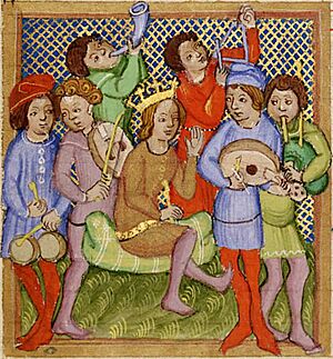 Archivo:King David and musicians from Olomouc Bible, folio 276R, color enhanced