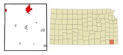 Labette County Kansas Incorporated and Unincorporated areas Parsons Highlighted.svg
