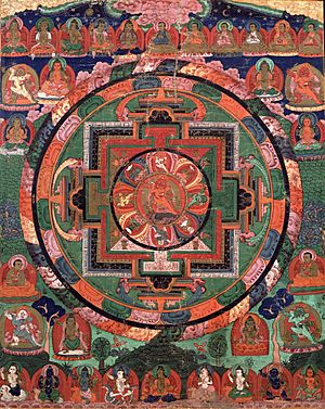 Archivo:Painted 17th century Tibetan 'Five Deity Mandala', in the center is Rakta Yamari (the Red Enemy of Death) embracing his consort Vajra Vetali, in the corners are the Red, Green White and Yellow Yamari
