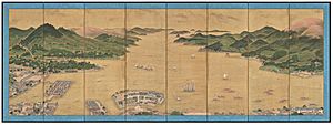 Archivo:View of Dejima in Nagasaki Bay Folding Screen by Kawahara Keiga c1836