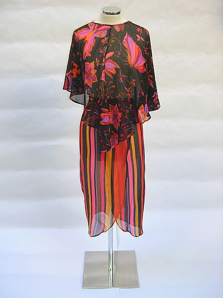 1972 pink, purple and black Insects dress by Yannis Tseklenis