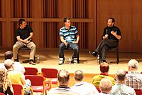 Archivo:Panel with directors and Jimmy Wales after Truth in Numbers premier at Wikimania 2010