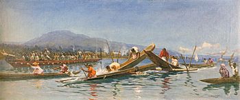 Archivo:Walter Wright - Maori canoe race, Lake Rotorua