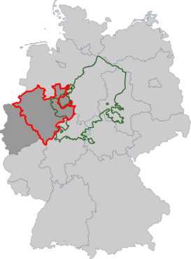 alt=Tres entidades conocidas (o parcialmente conocidas) como Westfalia, superpuestas dentro de los fronteras actuales de Alemania: Verde: Reino de Westfalia (1807-1813), fronteras de 1811Rojo: Provincia de Westfalia (1815-1946)Gris oscuro: Renania del Norte-Westfalia (desde 1946).