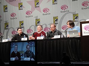 Archivo:WonderCon 2011 - Thundercats new animated series panel - art director Dan Norton, voice talent Larry Kenney, and producers Ethan Spaulding and Michael Jelenic (5596531461)