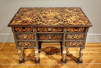 Writing desk, Pierre Gole, Paris, c. 1680, ebony, rosewood, fruitwoods, gilt wood, pewter, brass - California Palace of the Legion of Honor - DSC07729