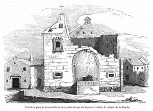 Archivo:1848-01-30, Semanario Pintoresco Español, Vista de la plaza de Argamasilla de Alba, patria insigne del ingenioso hidalgo D. Quijote de la Mancha