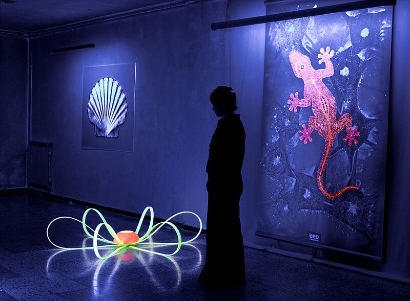 Art exhibition under black light