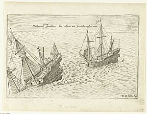 Archivo:De Mauritius zinkt het Spaanse schip in de baai van Manila, 1600 L'admiral estant surmonte s'en allant au fond a nostre veue (titel op object), RP-P-OB-75.409