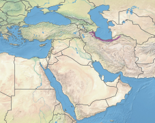 Mapa de Oriente Medio con una ecorregión representada por una frontera a lo largo de la orilla sur del Mar Caspio.