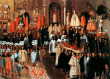 Archivo:Mercedarian Friars in the procession Corpus Christ at the Main Square of Cusco. Santa Cruz Puma Callao. 17th century