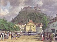 Archivo:Leander Russ - Parade zur Begrüßung des Kaisers in Laibach - 1845