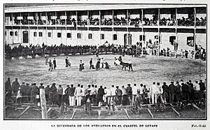 Archivo:1907-12-07, Blanco y Negro, La becerrada de los artilleros en el cuartel de Getafe, Goñi