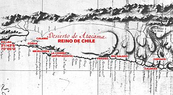 Archivo:Límite entre Chile y Perú en el río Loa, Plano General del Reyno de Chile en la América Meridional de Andrés Baleato (1793) (Editado)