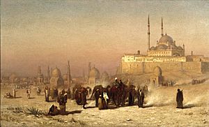 Archivo:Louis Comfort Tiffany On the Way between Old and New Cairo, Citadel Mosque of Mohammed Ali, and Tombs of the Mamelukes