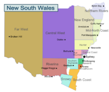 Un mapa con las subdivisiones regionales de Nueva Gales del Sur